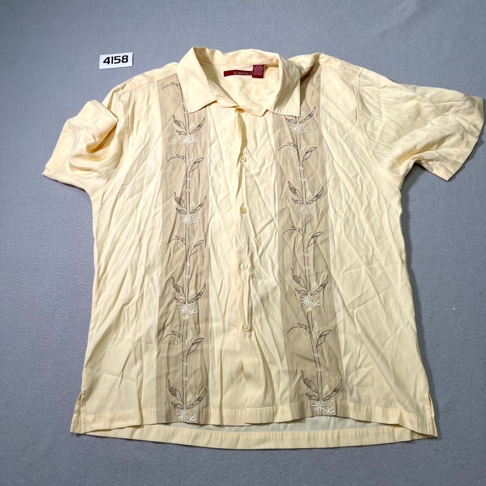 Sobrino Guayabera Shirt Mens XL Pale Butter Rayon Floral Embroidered Button‎ Up